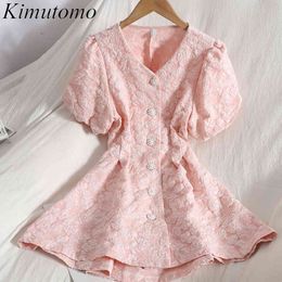 Kimutomo Elegant Dresses Women Age-reducing Buckle V-neck Clothing Spring Hollow Backless Pattern A-line Vestido 210521