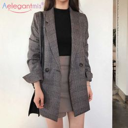 Aelegantmis Elegant Women Plaid Blazers and Jackets Work Office Lady Vintage Double Breasted Suits Coat Casual Slim Outerwear 210607