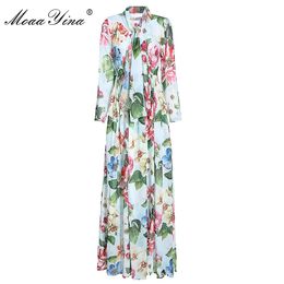 Fashion Designer dress Spring Autumn Women's Dress Long sleeve Ribbon Floral-Print Maxi Dresses 210524