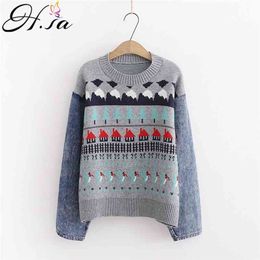 Women Winter Retro Sweater and Pullover Jeans Patchwork Christmas Tree Casual Pull Jumpers Print Sweatet 210430