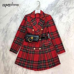 Free Women's Red Plaid Blazer Dress OL Style Fashion Lapel Double Breasted Belt Waist Bag 210524