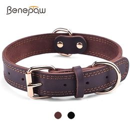Benepaw Quality Genuine Leather Dog Collar Durable Vintage Heavy-duty Rustproof Double D-Ring Pet For Medium Large Dogs 211022