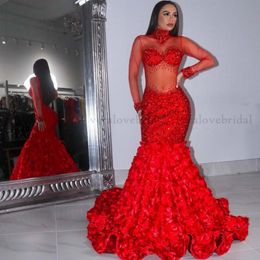 High Neck Prom Dresses Long Sleeves Beaded Red Mermaid Evening Gowns Rose Flowe Train Vestidos De Novia