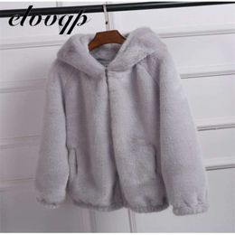 women Autumn Winter Faux Fur Coat With Hood Female Fashion Casual Loose Artificial Jacket Fake Rabbit Outwear 210928