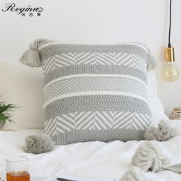 REGINA Boho Decor Knitted Cushion Cover Gray Stripe Tassel Design 100% Cotton Super Soft Sofa Car Nordic Throw Pillow Cover Case 210317