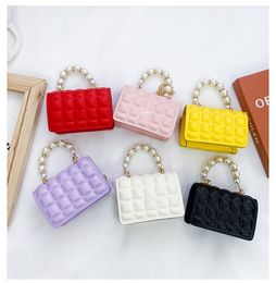 kids designer handbags wallet cute girls letter pearl chain change purse princess children mini plaid PU messenger bags F395