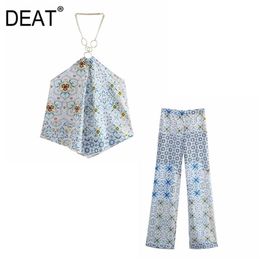 [DEAT] Summer Fashion Sleeveless Hanging Neck Printing Tops High Waist Wide Leg Pants Women Two-piece Suit 13Q364 210527