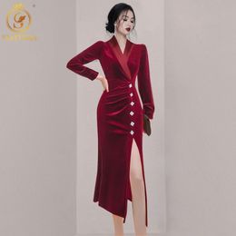 Autumn Red Velvet Party Dress Women Sexy Split V-Neck Long Sleeve High Waist Vestidos Female Fashion Clothes 210520