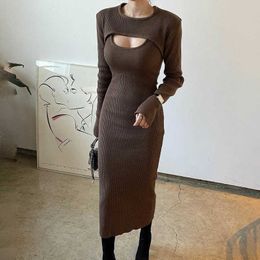 Winter Knit Maxi Dress Women Korean Fashion Two Pieces Shawl Cropped Sexy Hollow Out Bodycon Evening Party Brown Dresses Woman Y1006