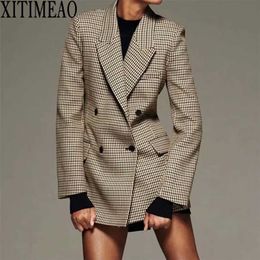 ZA Women Fashion Autumn Plaid Suit Work Office Lady Slim Double Breasted Casual Female Blazer Coat 211122