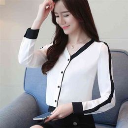 Women's Stitching color Chiffon Long Sleeve New Autumn Office Bottom Women Blouse Shirt Korean V-collar Blusa Tops 623A 210323