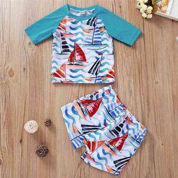 Summer Children Sets Casual Long Sleeve Print Beach Sailboat T-shirt Style Shorts Cute 2Pcs Girls Clothes 1-5T 210629