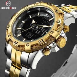 GOLDENHOUR Top Luxury Brand Men Fashion Business Quartz Watch Mens Waterproof Gold Stainless Steel Wristwatch Relogio Masculino 210517