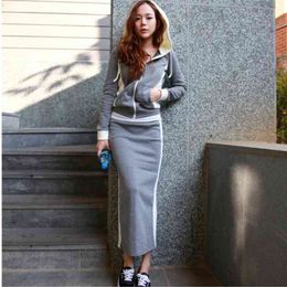 Top+High Waist Long Pencil Skirts Female Casual Sportswear Fashion 2 Pieces Set Sweatshirt Long Sleeve Hooded 210522