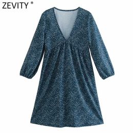 Zevity Spring Women Fashion V Neck Floral Print Pleats A Line Shirt Dress Female Casual Slim Chic Party Knit Vestido DS4967 210603