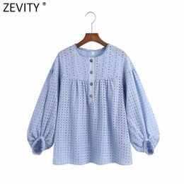 Zevity Women Vintage Hollow Out Embroidery Casual Smock Blouse Female Lantern Sleeve Button Up Shirt Roupas Chic Tops LS9355 210603