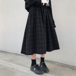 2 colors japanese style high elastic waist Long Skirts Woman autumn winter plaid A-line pleated Skirts (X1078) 210724