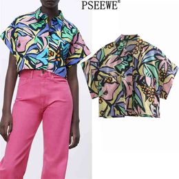 Women Shirt Pockets Print Crop Top Female Short Sleeve Button Up Woman Streetwear Beach Summer Blouse 210519