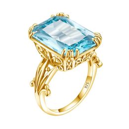 Szjinao Aquamarine Rings 925 Sterling Women 14K Gold Colour Jewellery Undefined Punk Ring Big Rectangle Silver 925 Jewellery