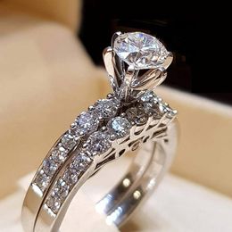 Wedding Rings Big White Cubic Zircon Jewellery Luxury Silver Colour Two Layers Crown Engagement Ring For Woman Drop