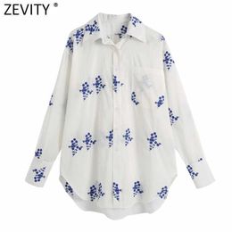 Zevity Women Vintage Pocket Patch Floral Embroidery Casual Smock Blouse Office Lady Breasted Shirts Chic Blusas Tops LS9361 210603