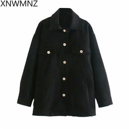 Vintage blend overshirt welt Pockets Oversized Jacket Coat Women Fashion Lapel Collar Long Sleeve Loose Outerwear Chic Tops 210510