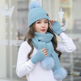 Berets Women Winter 2021 Hat Scarf /Gloves Sets Female Three - Piece Knitted Hats Set Caps For Girl Warm Skullies Beanies