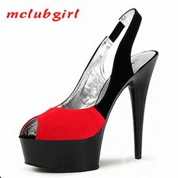 Mclubgirl 15cm Heels Round Head Fish Mouth Fashion Ultra-fine Heel Waterproof Platform Roman Colour Blocking Sandals LYP