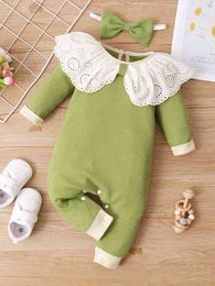 Baby Eyelet Embroidery Statement Collar Waffle Knit Jumpsuit With Headband SHE