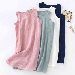 Summer 100% Cotton Gauze Sleepwear Dress Women Solid Sexy Nightgowns Sleeveless Sleep Tops Female Nightie Plus Size Homewear 210831