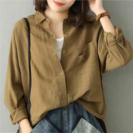 Arts Style Spring Women Long Sleeve Shirts Pockets Design Vintage Cotton Linen Solid Blouse Loose Casual Shirt Plus Size D366 210512