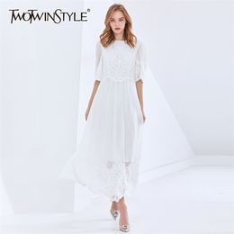 Spring White Dress For Women O Neck Short Sleeve High Waist Elegant Midi Dresses Female Fashion Clothing Style 210520