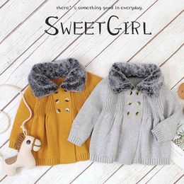 0-3Yrs Infant Autumn Winter Baby Girls Doll Collar Plush Knit Jacket Warmth Kids Cardigan Coat Clothing 210429