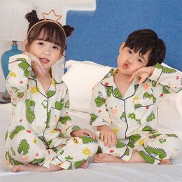 Autumn Winter Boys Long Pajamas Sets Cute Home Sleepwear Girls Kids Pijamas Girl Short Top Pant Print Set 211109