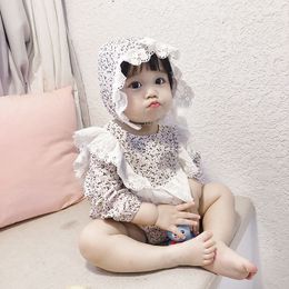 Korean style spring cute floral lacework bodysuits for baby girls 0-2 years little princess cotton long sleeve clothes with cap 210508