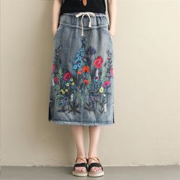 Arrival Spring Arts Style Women Elastic Waist Loose A-line Jean Skirt Vintage Floral Embroidery Denim Long S491 210512