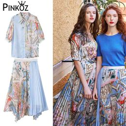 summer classical printed two pieces set women short sleeve bow collar shirt blouse lady midi pleated asymmetrical skirt 210421