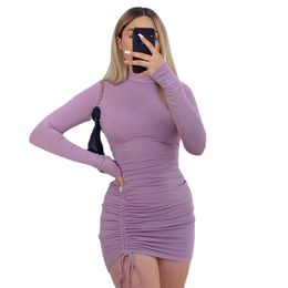 Julissa Mo Long Sleeve Ruched Bodycon Dress Women Turtleneck Bandage Mini Dresses Autumn Black Skinny Stretchy Party Vestidos