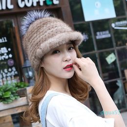 fashion Beanie/Skull Caps Hat For Women With Fur Pompons High Quality Thicken Female Knitted Real Winter