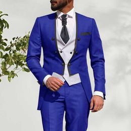 New Style Men Suits Royal Blue and White Groom Tuxedos Round Lapel Groomsmen 3 Pieces Set ( Jacket + Pants + Vest + Tie) D369 X0909
