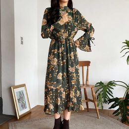 Mozuleva Vintage Floral Print Flare Sleeve Slim Waist A-line Dress Women Summer Autumn Stand Collar Female Long Dresses 210706