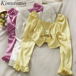 Kimutomo French Style Low V-neck Blouse Women Solid Puff Sleeve Bow Slim Waist All-matching Short Shirt Ladies Elegant Tops 210521
