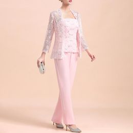 wedding dress jackets lace Australia - Women's Two Piece Pants Chiffon Pantsuit For Women Lace Wedding Dresses Mother Of The Bride Dress With Jacket Evening Custom Guest
