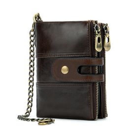 Genuine leather retro 2 fold RFID wallet men's coin purse key chain snap zipper wallets chain purse 3485 brown