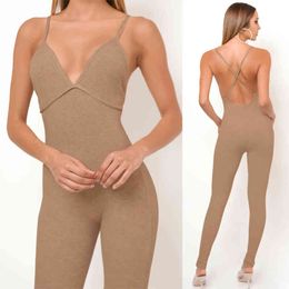 Ribbed Casual Rompers Women Slim Jumpsuits Sexy Low Chest Sling Backless Fitness Playsuits Ladies knit Bodycon Jumpsuits Summer 210507