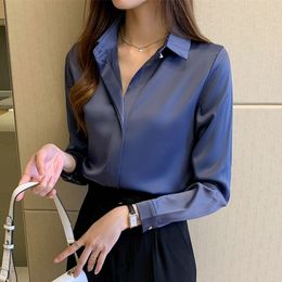 Silk Shirts Women White Shirt Women Long Sleeve Shirts Blouse Office Lady Satin Silk Blouse Tops Plus Size Woman Basic Shirt Top 210317