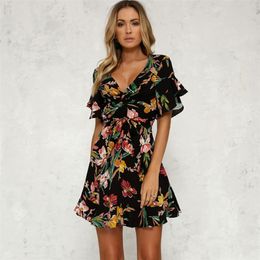 Women Boho Short Mini Dress Summer Floral Printed V-Neck Bow Knot Beachwear Sundress Ladies Short Sleeve Ruffles Loose Vestidos 210518