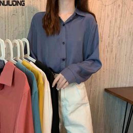 Blouses for Women Autumn Long Sleeve Turn-down Collar Single-breasted Irregular Loose Two Wear Shirts Female 210514
