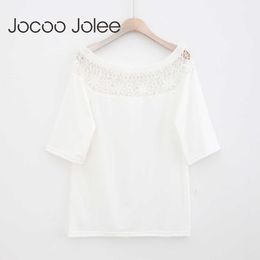 Jocoo Jolee Women Over sized Lace Design Women White Elegant Lace Tops Hollow Out Floral O-Neck Batwing Sleeves Sexy T-Shirt 210619