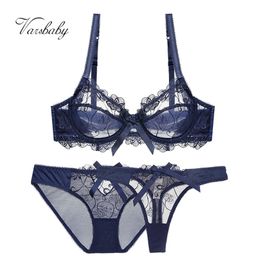 Varsbaby 3pcs Women Sexy Slim Lace Lingerie Ladies Underwire Floral Bra Sets bras+panties+thongs 211104